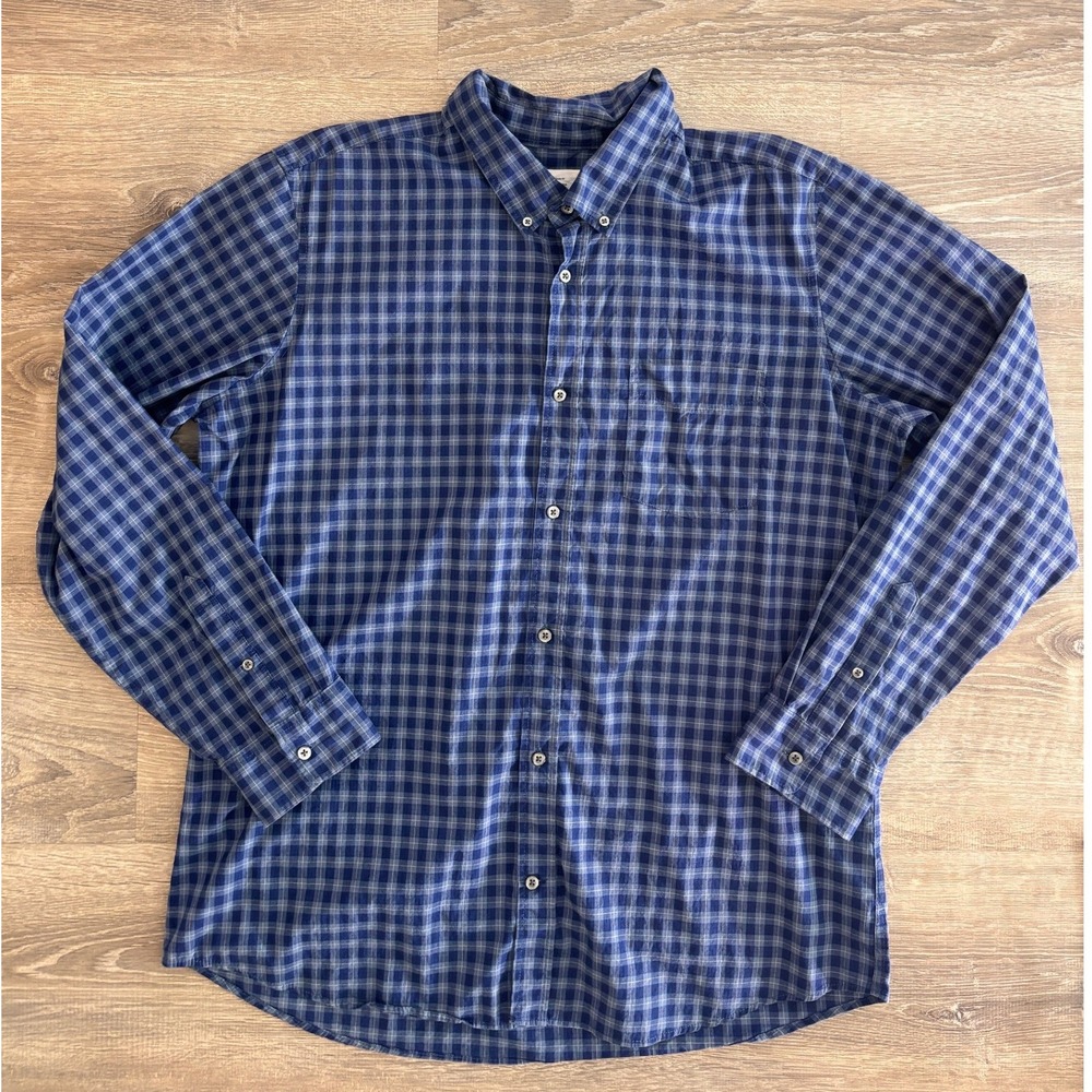 Gap Mens XL Standard Fit Stretch Poplin Blue Plaid Button Down Shirt Long Sleeve